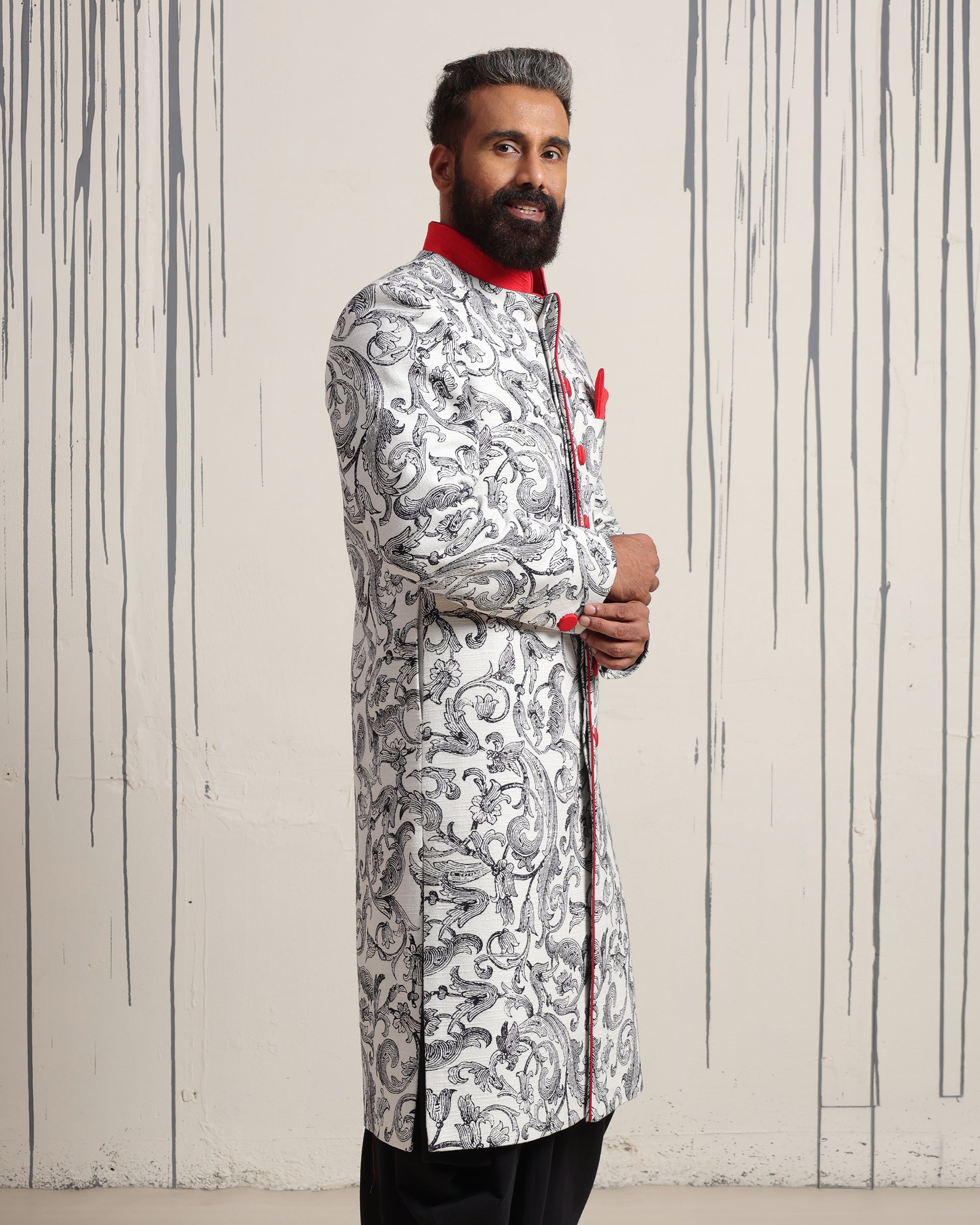 Scroll with Red Collar Sherwani - view 3