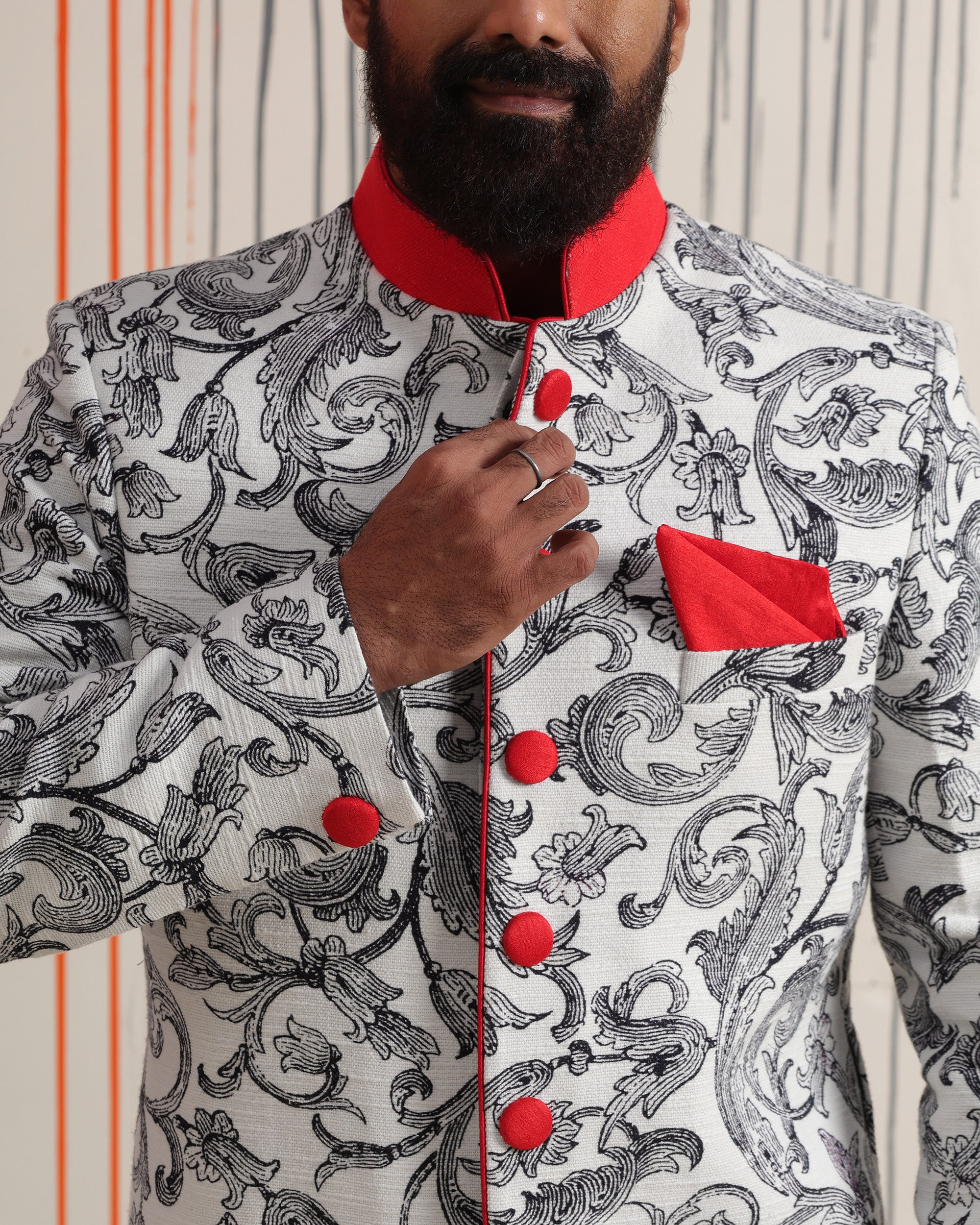 Scroll with Red Collar Sherwani - view 4