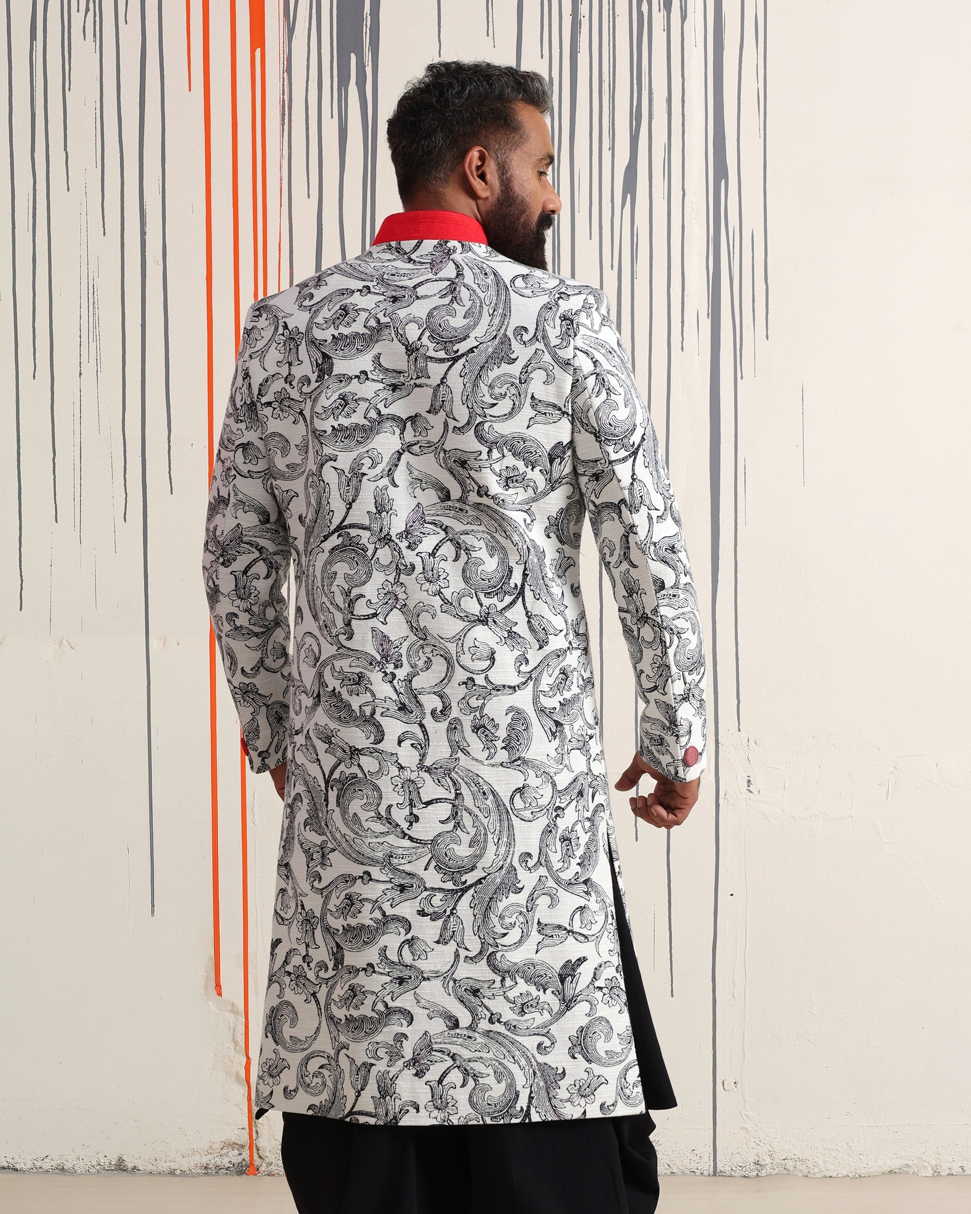 Scroll with Red Collar Sherwani - view 2