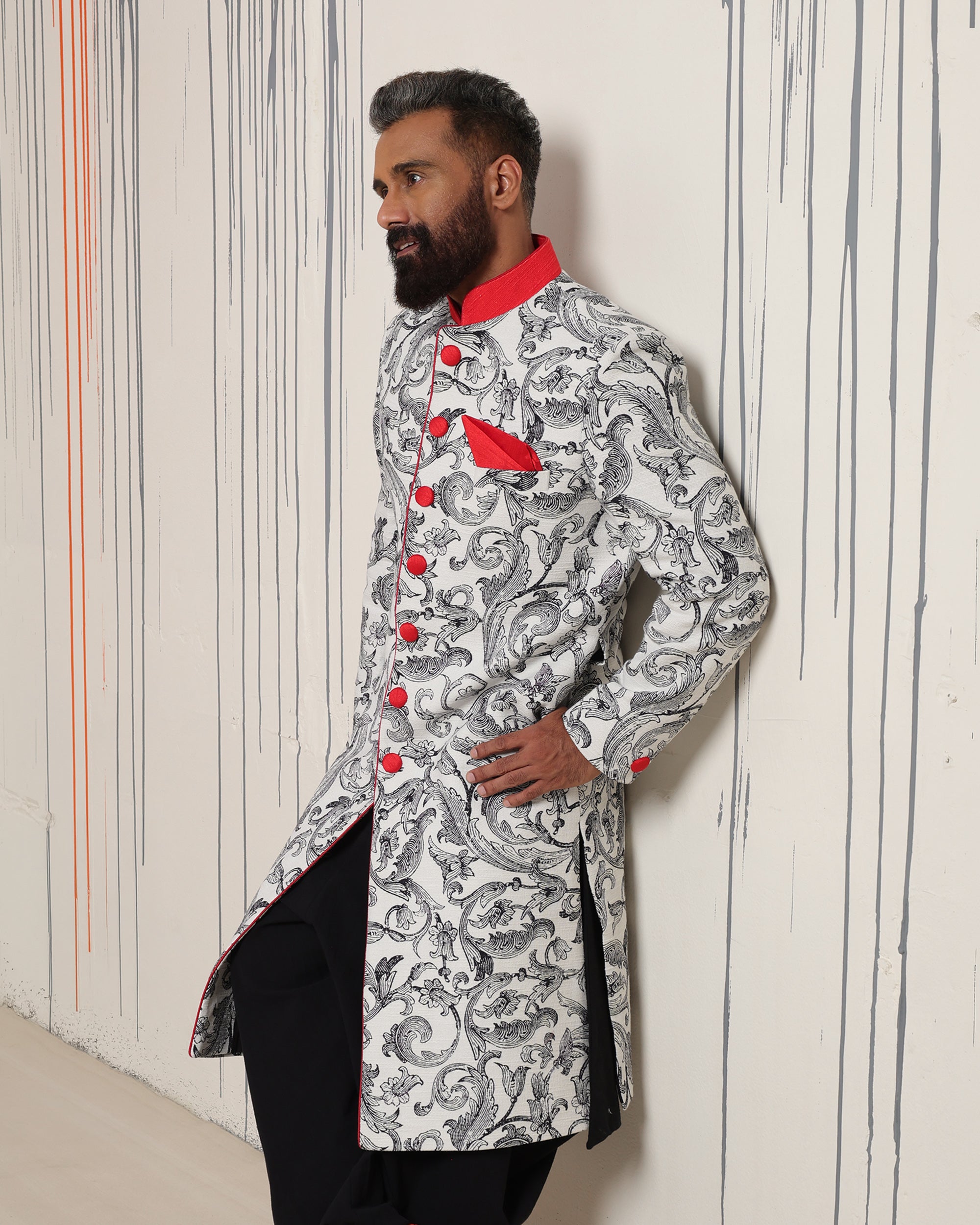 Scroll with Red Collar Sherwani - view 5